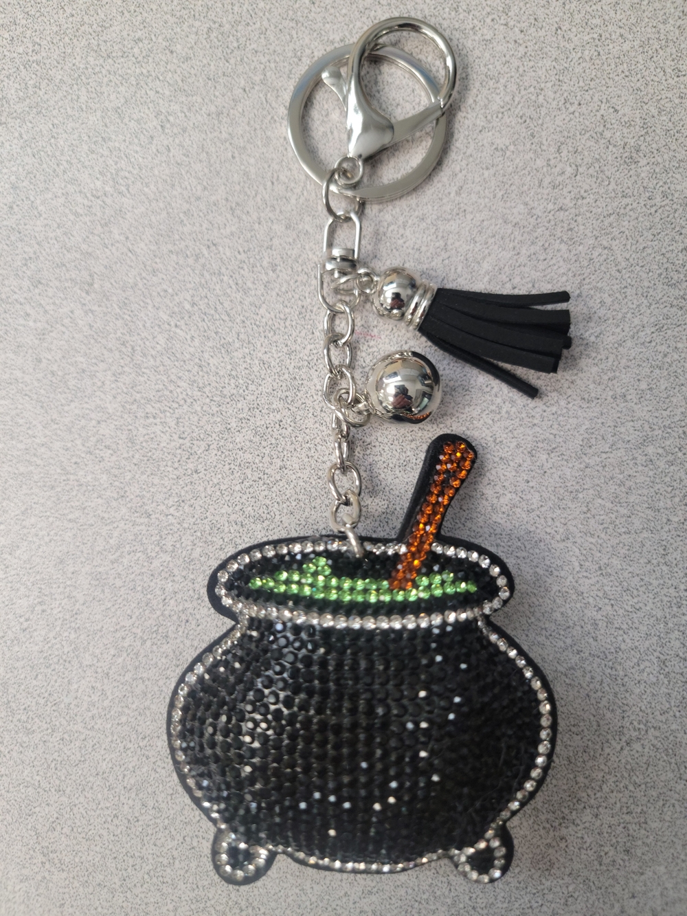 Black Beaded Cauldron Keychain with Green & Orange Accents